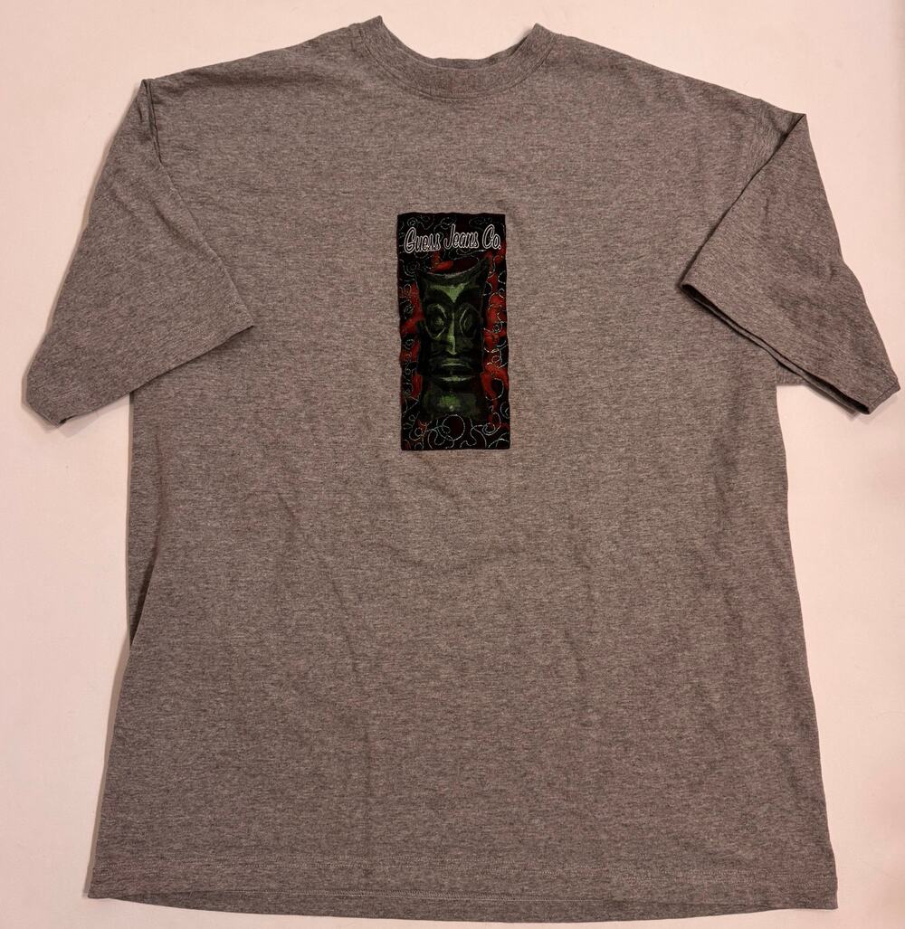 Vtg Guess Jeans Co Gray Graphic Print T-Shirt Unisex Size XL Tiki